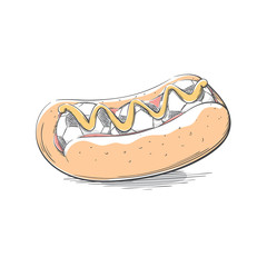 Soccer / Football balls in hot-dog under ketchup and mustard. Sport print for sport bar, cafe.