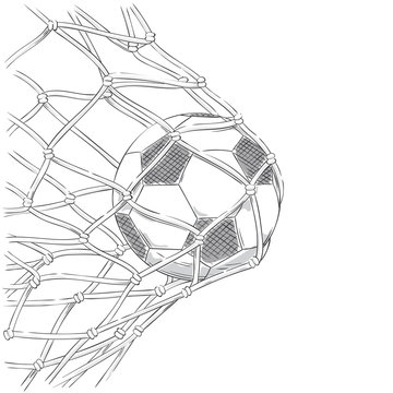Football / Soccer goal. Ball in net. Hand drawn style background.