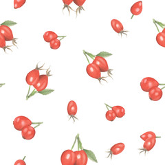 Watercolor seamless pattern of rosehip berries