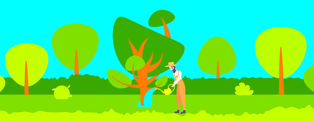 bearded gardener watering plants and trees in modern garden male cartoon character full length flat landscape background horizontal