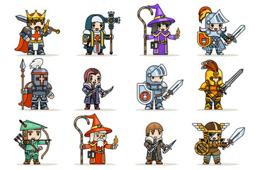 Lineart fantasy set rpg game heroes character vector icons flat design vector illustration