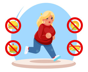Running fat female diet character health refusal junk food run flat cartoon design vector illustration