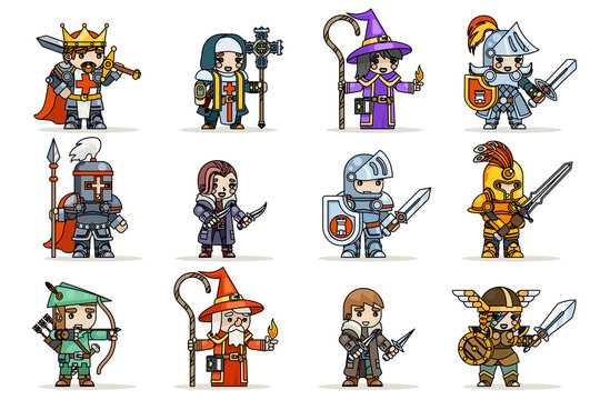 Fototapeta Lineart fantasy set rpg game heroes character vector icons flat design vector illustration