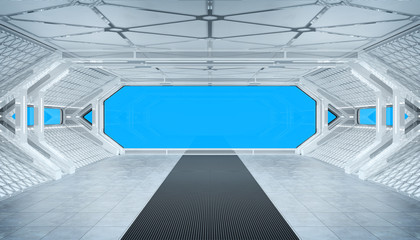 White blue spaceship futuristic interior mockup with window view 3d rendering © sdecoret