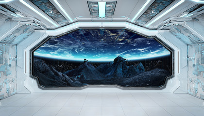 White blue spaceship futuristic interior with window view on space and planets 3d rendering © sdecoret