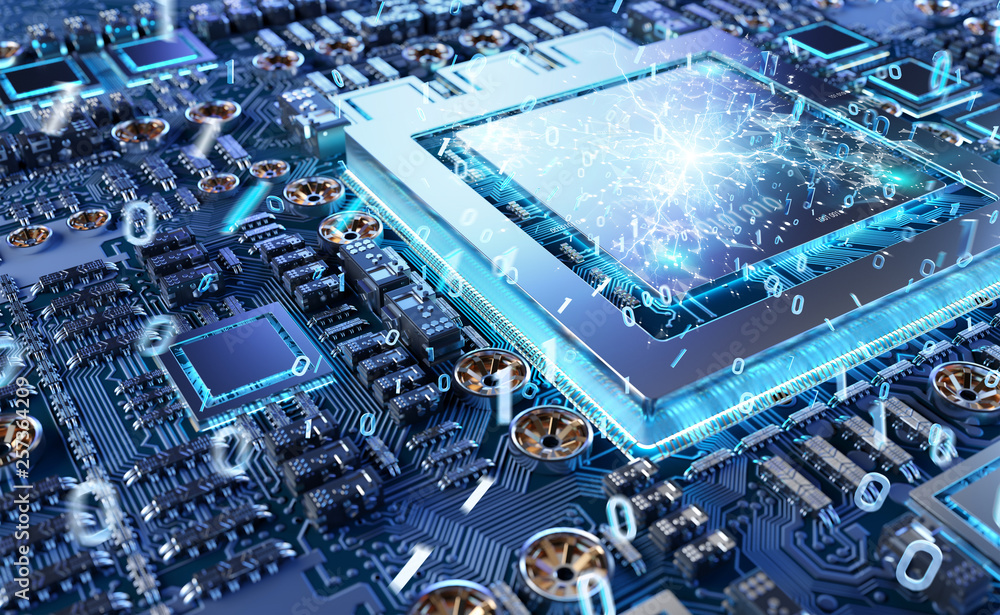Aufkleber Close-up view of a modern GPU card with connections 3D rendering