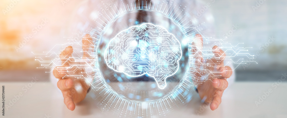 Poster businessman using digital artificial intelligence icon hologram 3d rendering