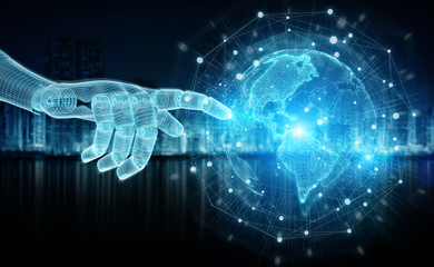 Obraz premium Wireframed blue robot hand touching digital world on dark background 3D rendering