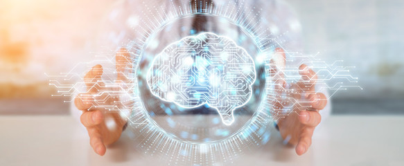 Businessman using digital artificial intelligence icon hologram 3D rendering