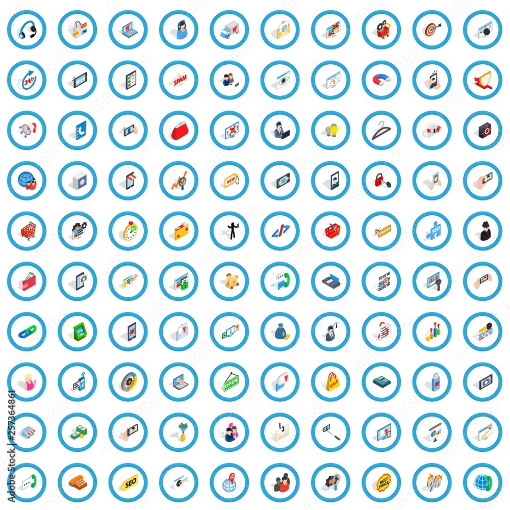 Poster 100 mobile icons set in isometric 3d style for any design vector illustration
