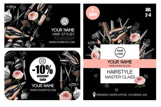 Business, Discount Card And Flyer For Master Class For Hairdresser Or Barber. Vector.