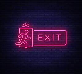 Exit Neon Signboard Vector. Exit neon sign, design template, modern trend design, night neon signboard, night bright advertising, light banner, light art. Vector illustration