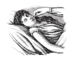Checking temperature of sick woman / vintage illustration from Die Frau als hausarztin 1911