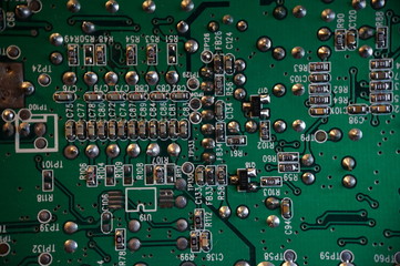 Circuit board background. Electronic hardware. Close up.