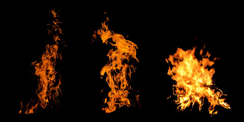 Fire flame set. Isolated on black background.