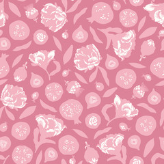Vector seamless pattern background with elements flowers, leaves, fig fruit, pomegranate, berries, artichokes in white and pink colors. Surface pattern design for fabric, wallpaper, scrapbooking