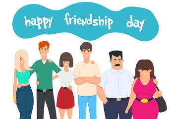Fototapeta premium Happy friendship day greeting card with diverse friend group of people hugging together for special event celebration.
