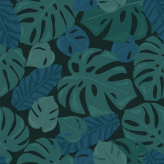 Monstera tropical forest leaves background. Green seamless pattern