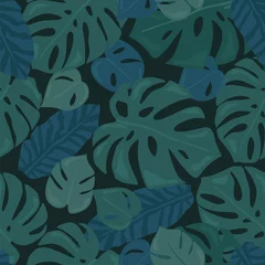 Velvet curtains Green Monstera tropical forest leaves background. Green seamless pattern