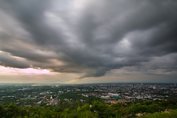 Big storm in the sky over city.