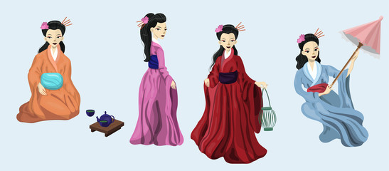 Fototapeta premium four japanese girls in national costumes vector image