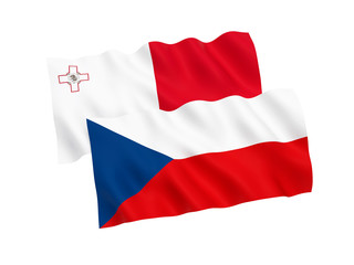 National fabric flags of Czech Republic and Malta isolated on white background. 3d rendering illustration. Proportion 1:2
