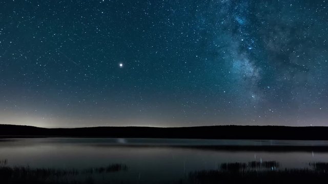 Timelapse of the milky way, Saturn and Mars, far from light pollution, above a lake. Charpal, Lozère, southern France. 
The rural area of Lozère offers unique places for astronomers to watch the stars