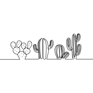 recommend clip art: Continuous Line Drawing of Vector Set of Cute Cactus Black and White Sketch House Plants Isolated on White Background. Potted Cactus Family single Line Hand Drawn Illustration