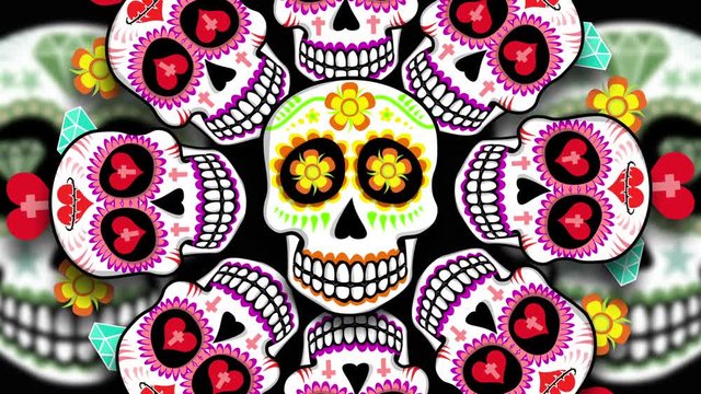Seamless animation of cartoon mexican skulls. Funny halloween animation