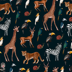 Seamless pattern with wild animals such as zebra, parrot, toucan, monkey, giraffe and antilope. © Yumeee