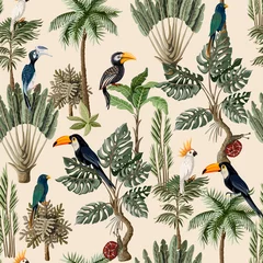 Tapeten Afrikas Tiere Nahtloses Muster mit exotischen Bäumen und Tieren. Innen Vintage Tapete.