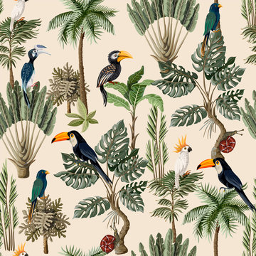 Seamless pattern with exotic trees and animals. Interior vintage wallpaper.