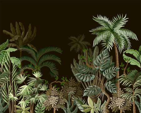 Seamless border with tropical tree such as palm, banana, monstera. Vector.