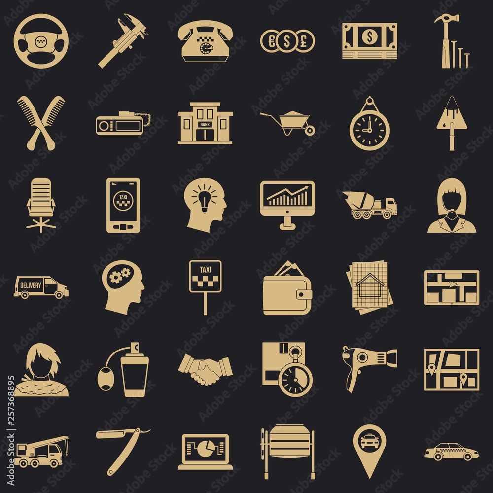 Poster taxi work icons set. simple style of 36 taxi work vector icons for web for any design