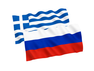 National fabric flags of Russia and Greece isolated on white background. 3d rendering illustration. 1 to 2 proportion.