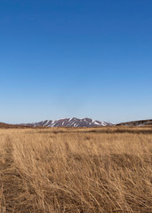 Spring steppe landscape. Beautiful spring landscape. Sky and mountains. 