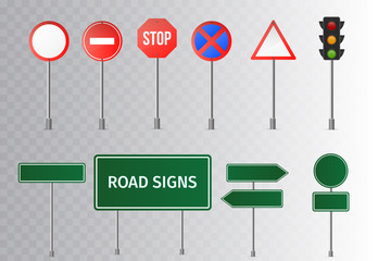 Set of street traffic and green road signs, signpost and guidepost . isolated on transparent background. Vector illustration.  
