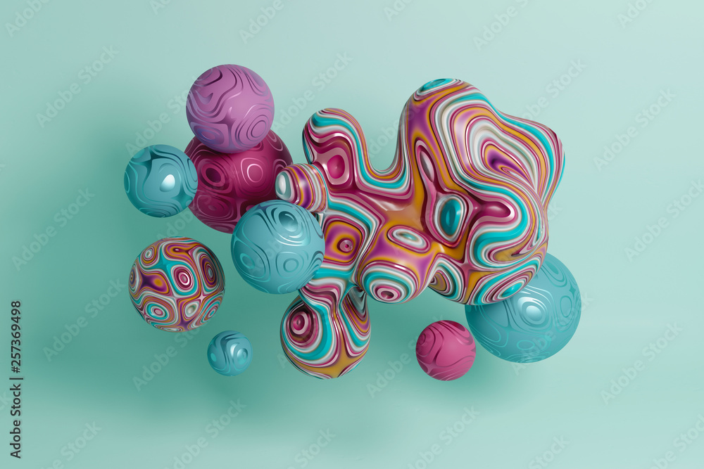 Poster decorative group of spheres and blob, wallpaper, 3d render / rendering