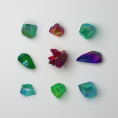 Collection of gems on a light background. 3D render /rendering.