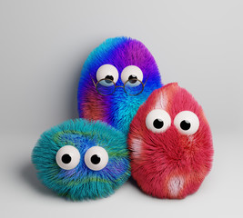 Family of fantastic colorful fluffy creatures, cuddly toys, 3d render / rendering