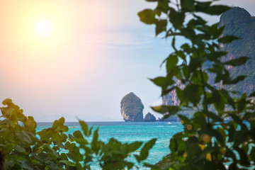 Limestone cliffs in the ocean around Phi-Phi islands. view From the beach