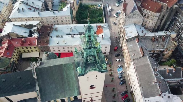 Aerial view of central streets in Lviv, Ukraine. Panorama of the ancient city with the roofs of old historical buildings.