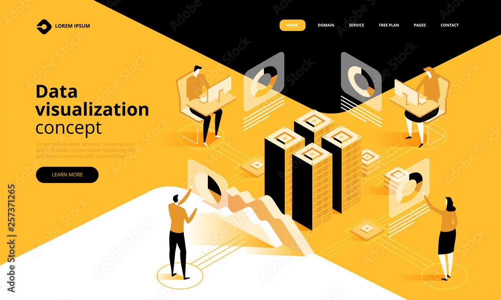 Poster data visualization concept. people in the team analyze diagrams and graphics