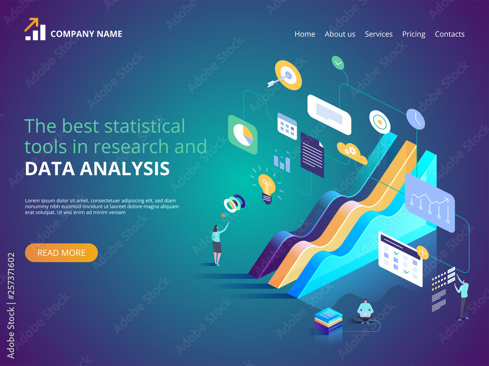 Poster statistical tools in research and data analysis. vector isometric illustration