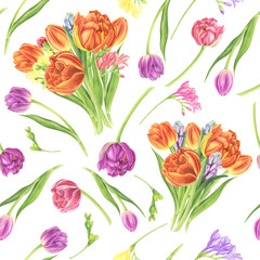  Seamless pattern with spring flowers: tulips, freesia and hyacinths, watercolor painting. For design cards, pattern and textile.