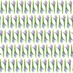  Seamless pattern with spring flowers: hyacinths, watercolor painting. For design cards, pattern and textile.