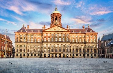 Royal Palace at the Dam Square in Amsterdam, Netherlands. No people in Dam Square in Amsterdam, Netherlands.