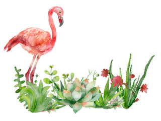 The pink watercolor flamingo Hand-painted illustration with pink flamingo walking through the succulents, isolated on a yellow background.