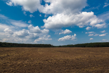Land of a plowed field against a blue sky with clouds