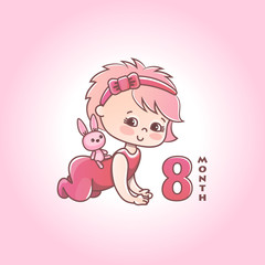 Little baby girl with pink bow and toy bunny. Stages of child development in the first year of life. The eighth month of a baby girl. Vector Illustration isolated on pink background